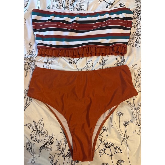 Women's Plus Size Striped Bandeau High Waisted Bikini 2pc Swimsuit, Size 0XL - Picture 1 of 4